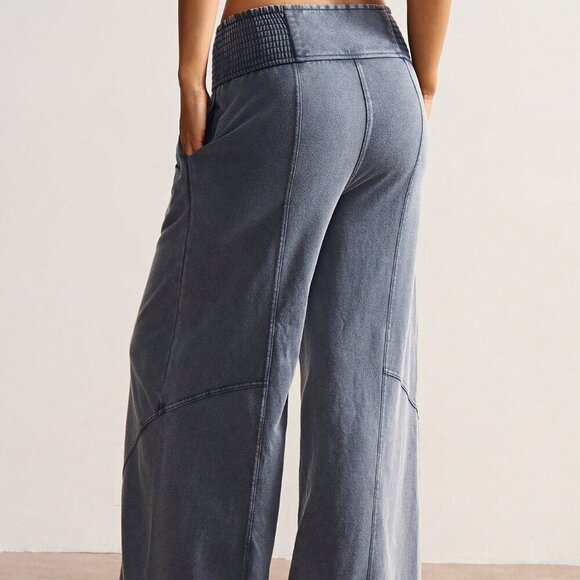 Grey Casual Women's Loose Wide Leg Washed Pants - Picture 2 of 7